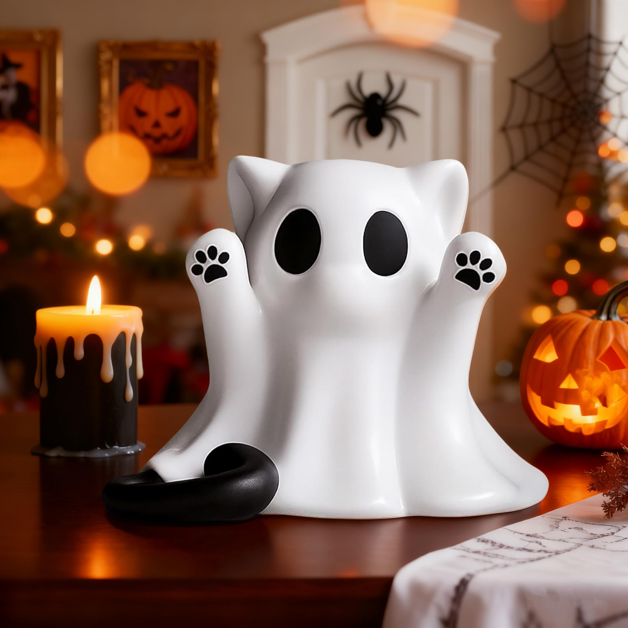 Halloween Ghost Figurine, Funny Glow in The Dark Spooky Resin Ghost with Pumpkin Basket Statue, Cute Decor for Halloween Decorations Indoor, Porch Indoor Home Decor Gifts